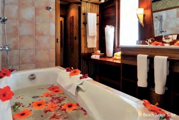 Badezimmer mit Dusche, weissen Handtüchern und einer mit roten Hibiskusblüten geschmückten Badewanne.